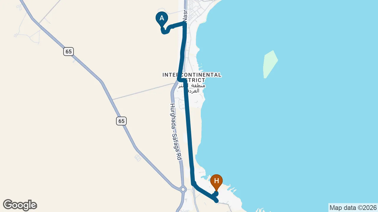 Driving route from Hurghada Airport to Calimera Blend Paradise